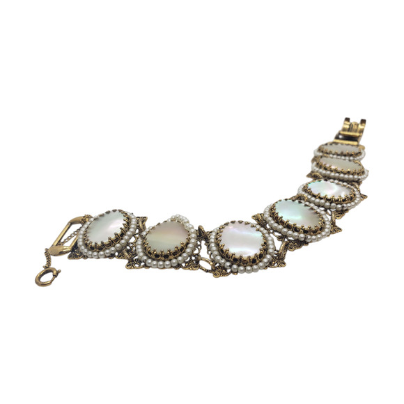 Vintage Filigree Bracelet Mother of Pearl MOP & Faux Pearl Accent Ornate - Picture 12 of 13